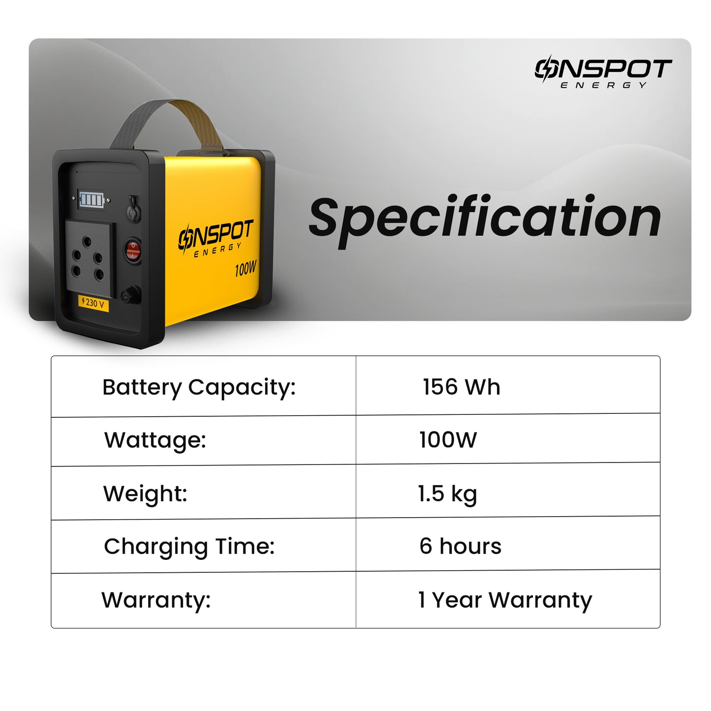 Buy Best portable power station in India; portable power station with 156Wh battery capacity and 6-hour charging time; compact 100W power station with 1.5kg weight and 1 year warranty;