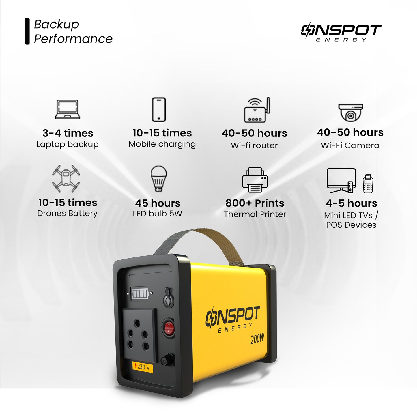 Buy best portable power station in India; Portable power station for cinematographers, caravans and trekkers; On Spot Energy power station for laptop and Wi-fi router; 200W power supply for LED, drone & mini fans;