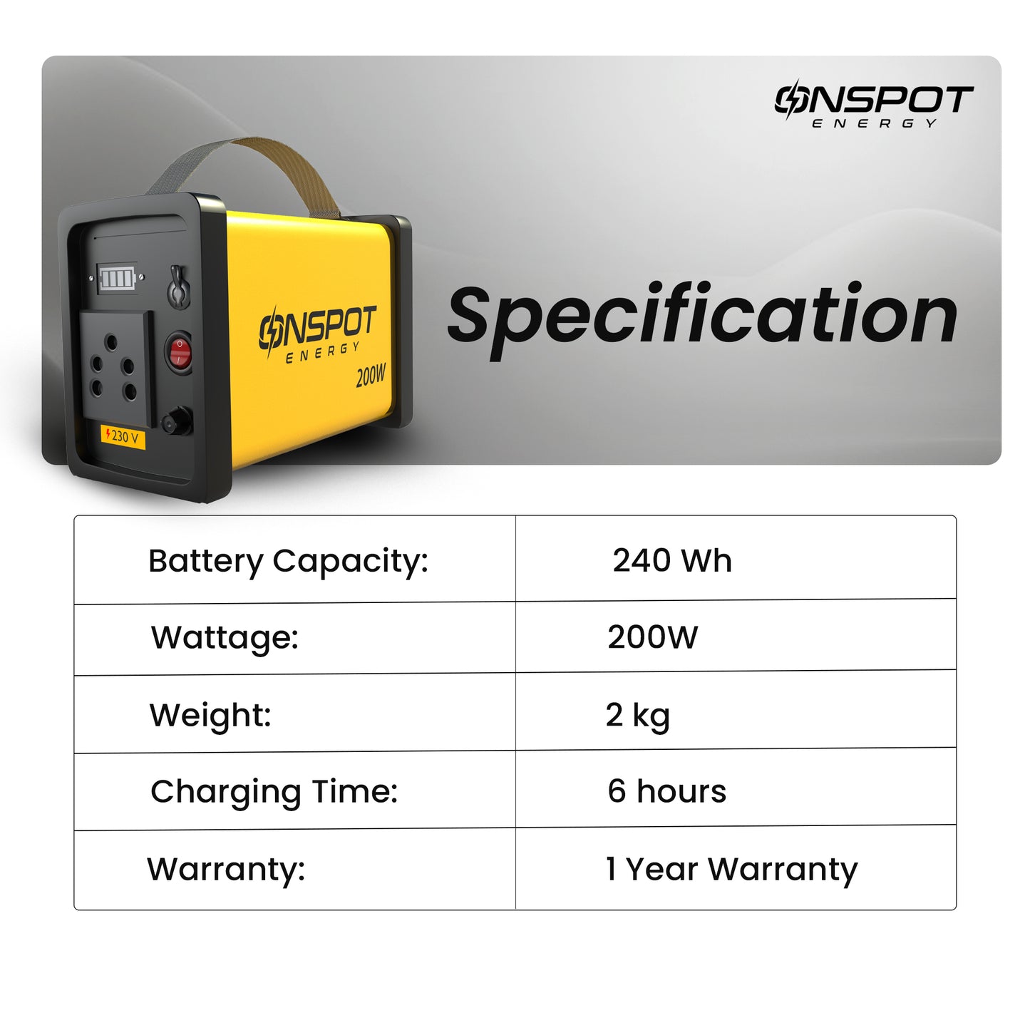 Buy Best portable power station in India; portable power station with 240Wh battery capacity and 6-hour charging time; compact 200W power station with 2 kg weight and 1 year warranty