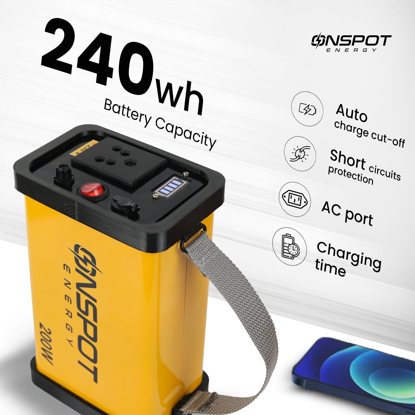 Best portable power station in India; On Spot Energy 200W portable power station with auto charge cut-off; compact 240Wh portable power station; Buy 200W Power Station Online – Pure Sine Wave AC Output; 